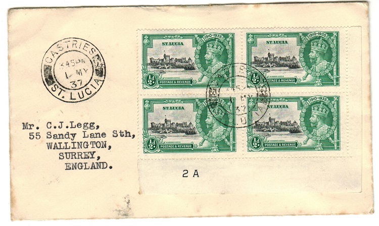 ST.LUCIA - 1937 cover to UK bearing 1/2d 
