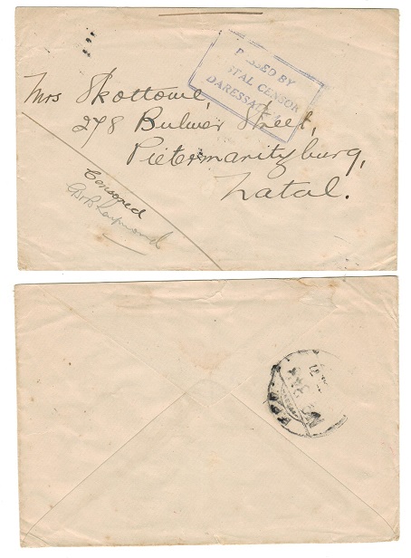 K.U.T. - 1917 POSTAL CENSOR/DARESSALAN stampless cover to Natal.
