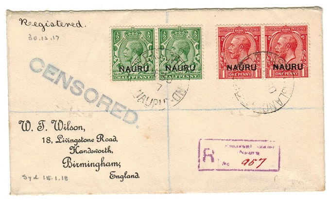 NAURU - 1917 registered censored cover to UK.
