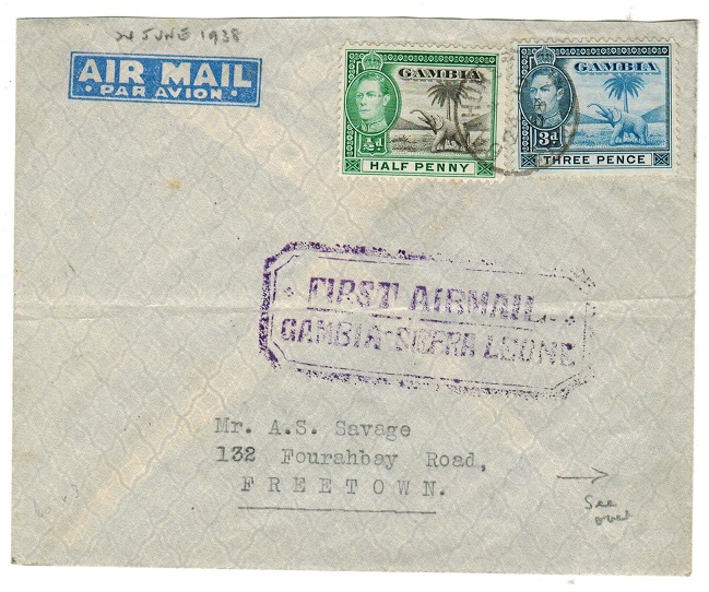 GAMBIA - 1938 first flight cover to Sierra Leone.
