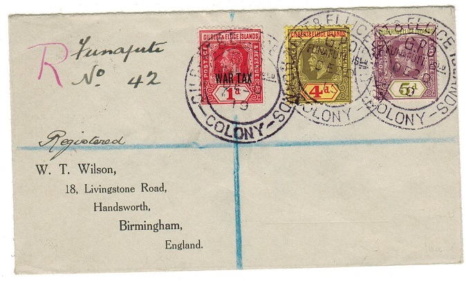 GILBERT AND ELLICE IS - 1919 registered cover to UK with scarce WAR TAX issue use.