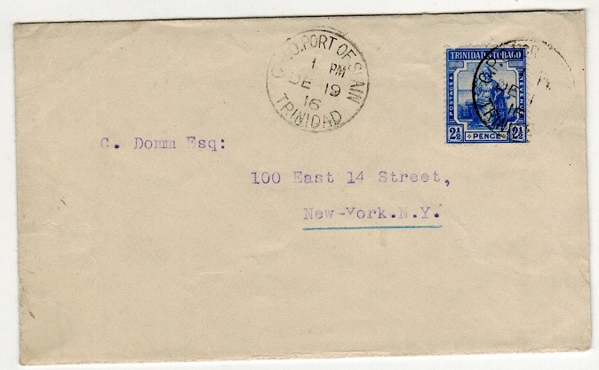 TRINIDAD AND TOBAGO - 1916 2 1/2d rate cover to USA.