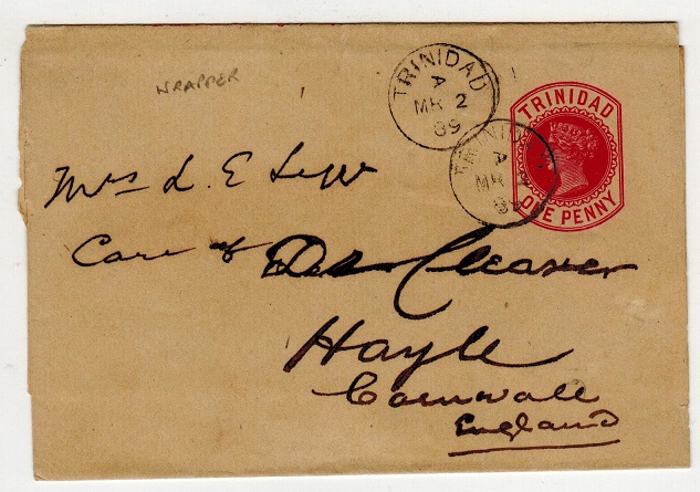 TRINIDAD AND TOBAGO - 1884 1d carmine postal stationery wrapper used to UK.  H&G 2.