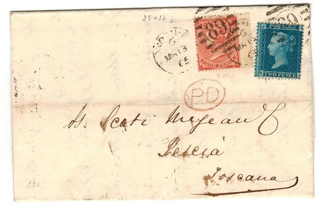 GREAT BRITAIN - 1865 entire addressed to Italy with 2d blue and 4d adhesive.