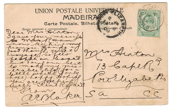 CAPE OF GOOD HOPE - 1908 1/2d rate postcard to Port Elizabeth with OCEAN POST OFFICE strike.