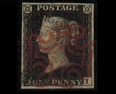 GREAT BRITAIN - 1840 1d black fine four margined with red Maltese cross cancel.