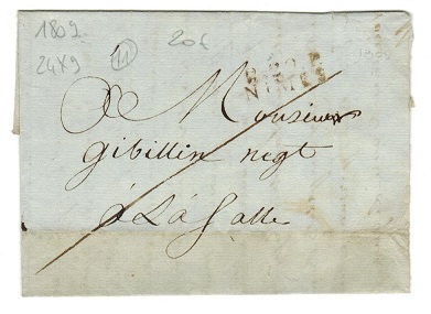 FRANCE - 1809 stampless local entire cancelled by straight lined P.29.P/NIMES town cancel.
