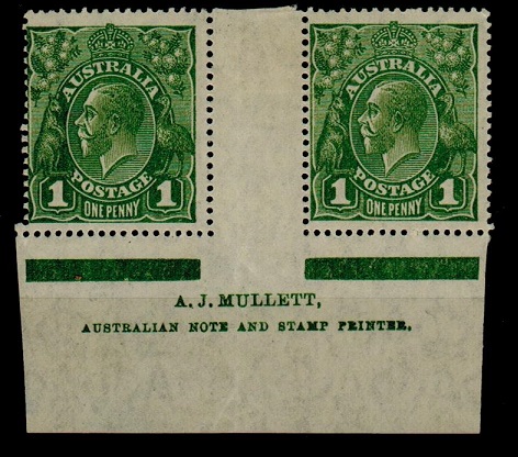 AUSTRALIA - 1926 1d sage green A.J.MULLET imprint mint pair. SG 86.
