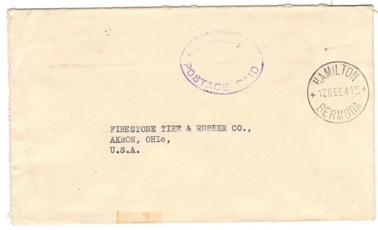 BERMUDA - 1941 stampless BERMUDA/POSTAGE PAID h/s cover to USA.
