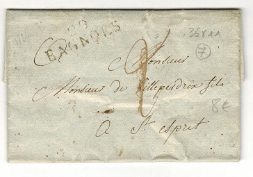 FRANCE - 1824 stampless local entire cancelled by straight lined 29/BAGNOLS town cancel.
