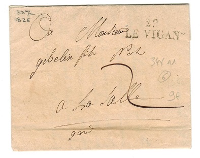 FRANCE - 1826 stampless local entire cancelled by straight lined 29/LE VIGAN town cancel.
