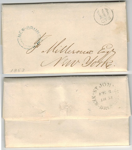 NEW BRUNSWICK - 1853 stampless entire to USA used at ST.JOHN