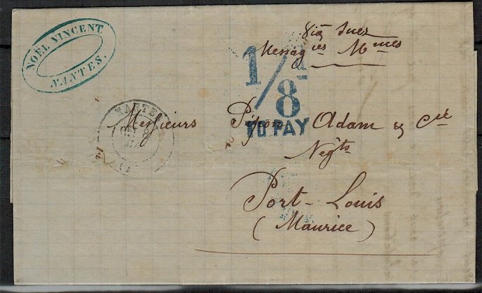 MAURITIUS - 1872 inward stampless entire from France with 