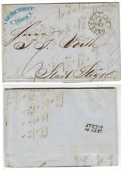 ITALY - 1849 stampless entire to Austria used at TRIEST.
