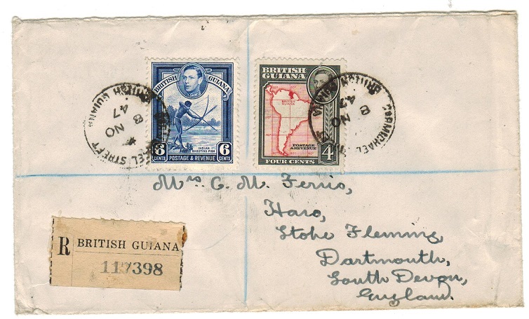 BRITISH GUIANA - 1947 registered cover to UK used at CARMICHAEL STREET.