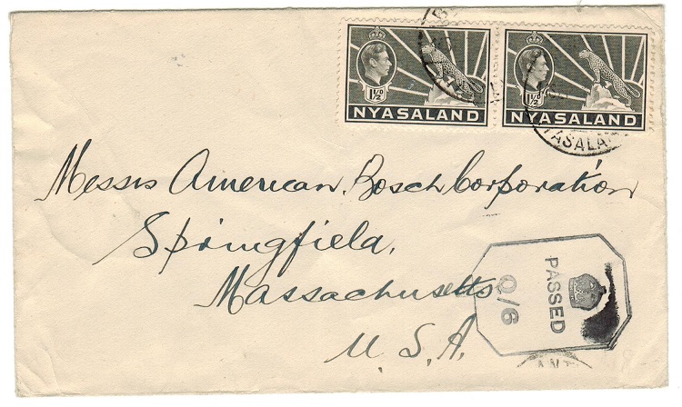 NYASALAND - 1943 PASSED/Q6 censor cover to USA used at BLANTYRE.