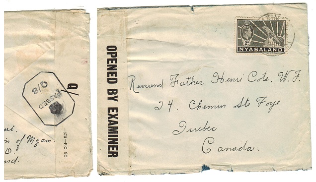 NYASALAND - 1943 PASSED/Q8 censor cover to Canada used at MZIMBA.