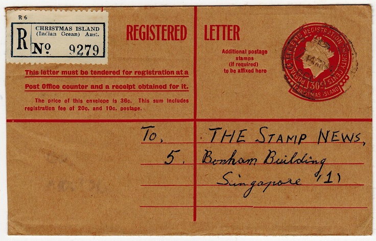 CHRISTMAS ISLANDS - 1959 30c red RPSE to Singapore cancelled CHRISTMAS ISLANDS. H&G 1.