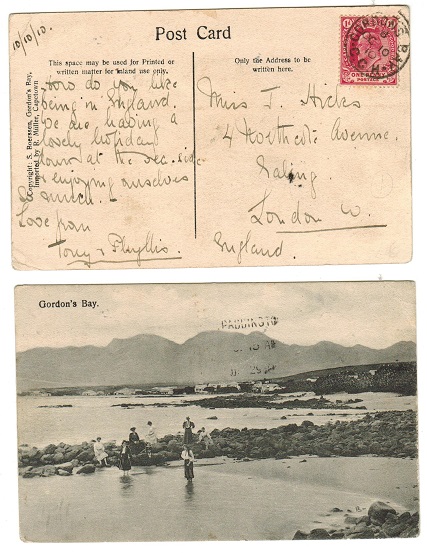 CAPE OF GOOD HOPE - 1910 1d rate postcard to UK used at GORDONS BAY.