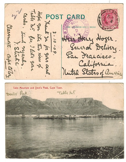 CAPE OF GOOD HOPE - 1909 1d rate postcard to USA used at CLAREMONT.
