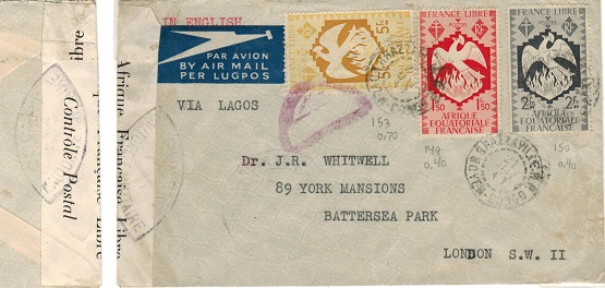 FRENCH EQUATORIAL AFRICA - 1943 censor cover to UK.