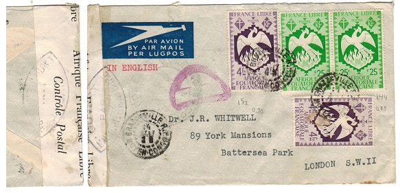 FRENCH EQUATORIAL AFRICA - 1944 censor cover to UK.