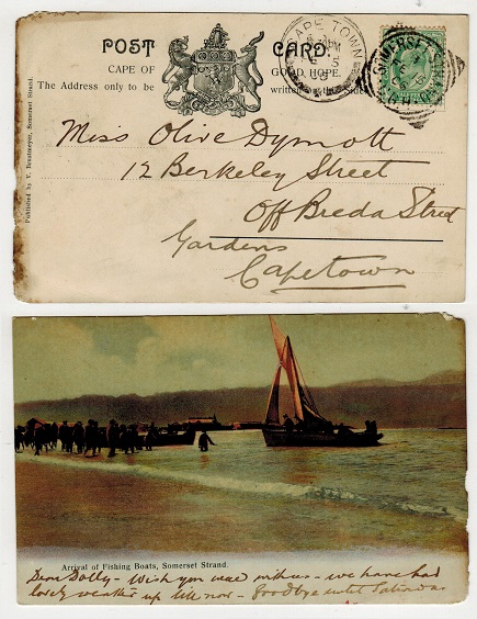 CAPE OF GOOD HOPE - 1906 1/2d local rate postcard to Cape Town used at SOMERSET STRAND.