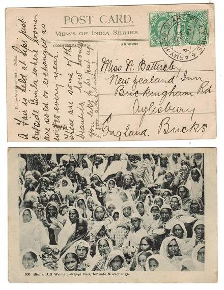 INDIA - 1911 1a rate postcard use to UK used at ARMY HEADQUARTERS/SIMLA.