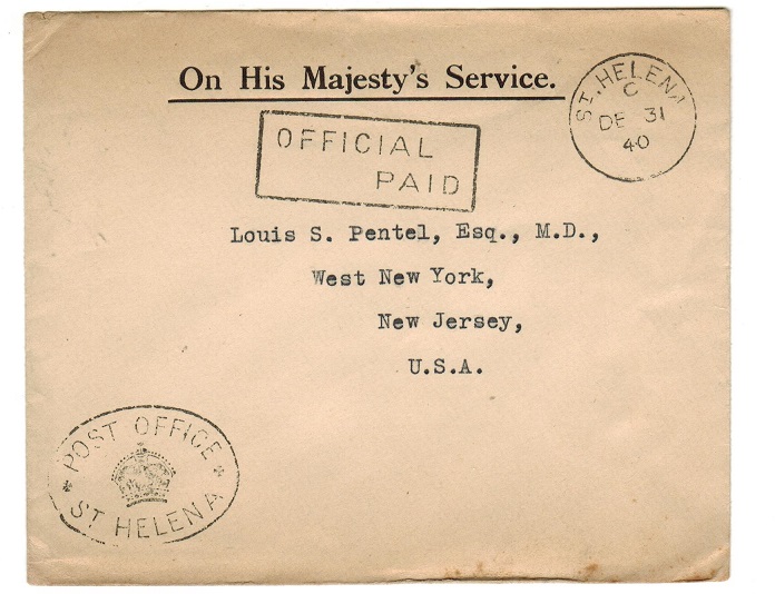 ST.HELENA - 1940 OFFICIAL PAID cover to USA.