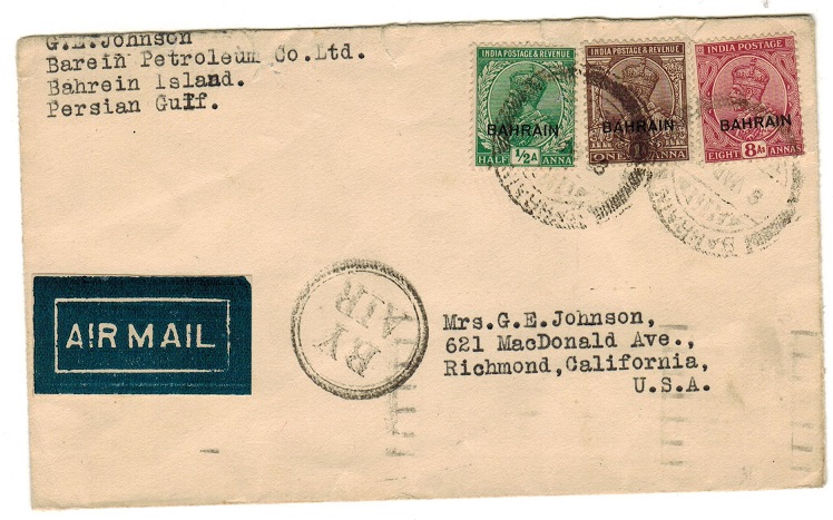 BAHRAIN - 1934 airmail cover to USA.