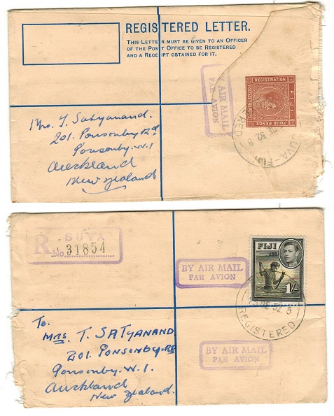 FIJI - 1937 2d+4d brown RPSE to New Zealand uprated with 1/- at SUVA.  H&G 6.