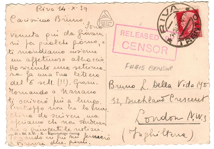 GREAT BRITAIN - 1939 early RELEASED BY CENSOR postcard from Italy.