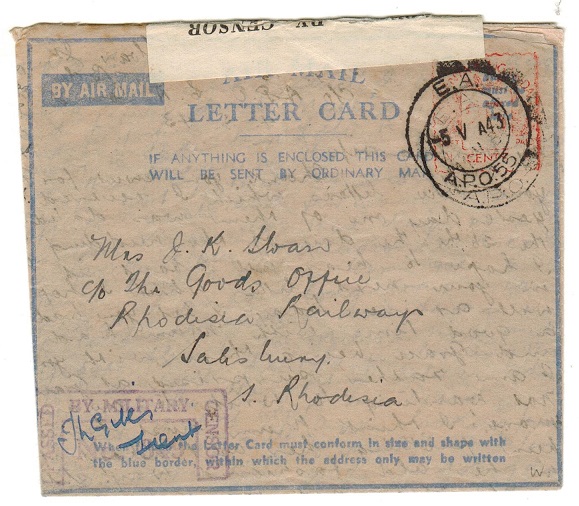 K.U.T. - 1943 25c red meter mark on military censored FORMULA letter card to S.Rhodesia.