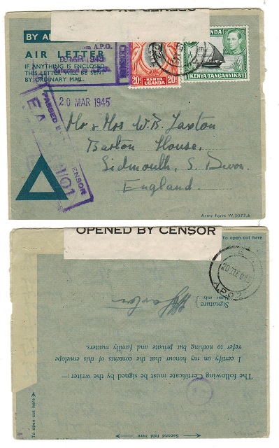 K.U.T. - 1945 25c rate use of censored FORMULA air letter to UK.