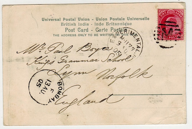 INDIA - 1905 1a rate postcard to UK used at EXPERIMENTAL P.O./M-1177.
