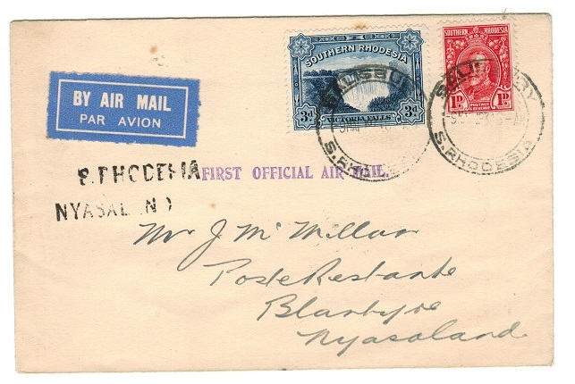 SOUTHERN RHODESIA - 1934 first flight cover to Nyasaland.