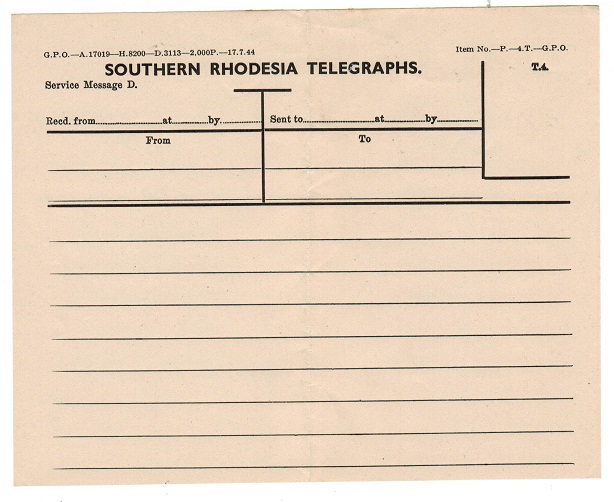 SOUTHERN RHODESIA - 1944 black on cream TELEGRAPH sheet unused.