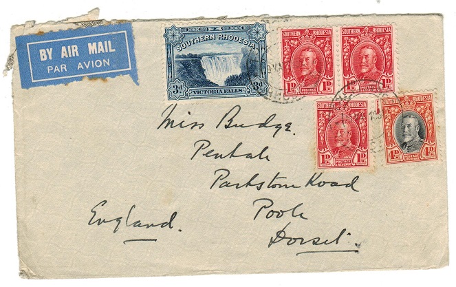 SOUTHERN RHODESIA - 1934 10d rate cover to UK used at TRELAWNEY.