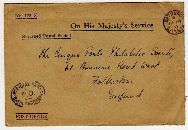 GAMBIA - 1937 OFFICIAL PAID/BATHURST 