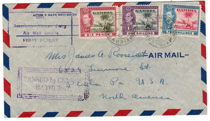 GAMBIA - 1941 censored first flight cover to USA.