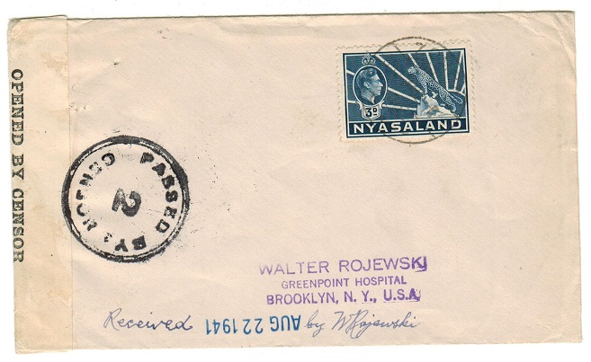 NYASALAND - 1942 3d rate censored cover to USA.