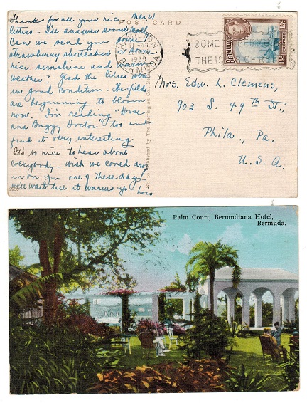 BERMUDA - 1939 1 1/2d rate postcard use to USA.