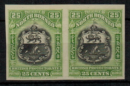 NORTH BORNEO - 1911 25c black and yellow-green IMPERFORATE PLATE PROOF pair.  