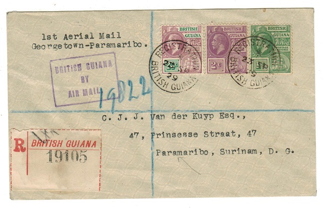 BRITISH GUIANA - 1929 registered first flight cover to Surinam.