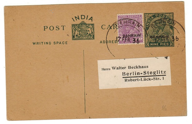 BAHRAIN - 1934 9p green PSC to Germany uprated with 1a3p adhesive at BAHRAIN.  H&G 1.