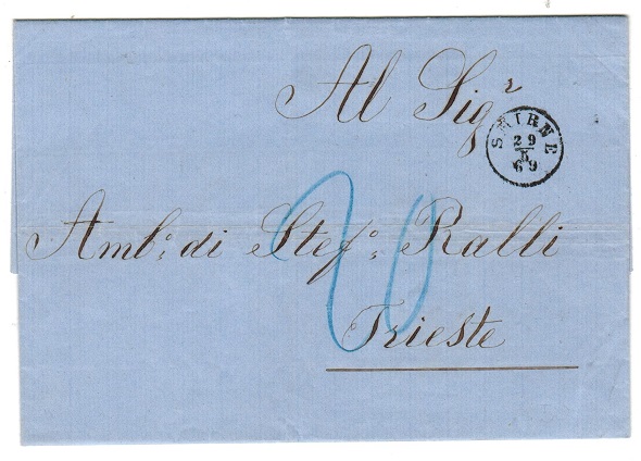 BRITISH LEVANT - 1869 stampless cover to Italy used at SMIRNE.