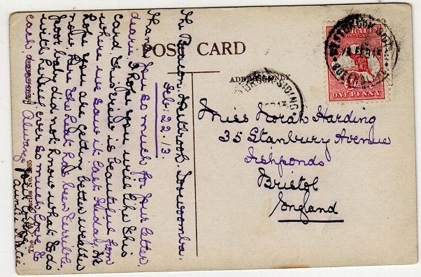 AUSTRALIA - 1913 1d rate postcard use to UK used at HESTBROOK SIDING.