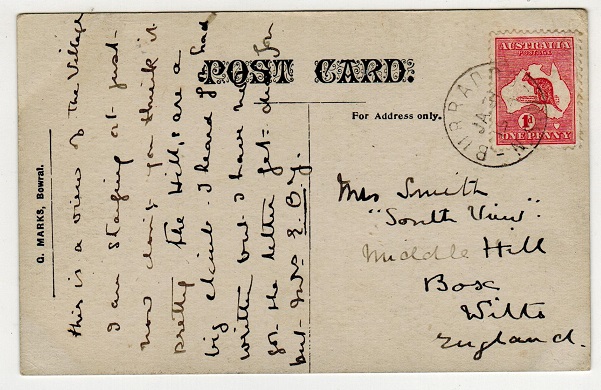 AUSTRALIA - 1914 1d rate postcard use to UK used at BURRADOON.