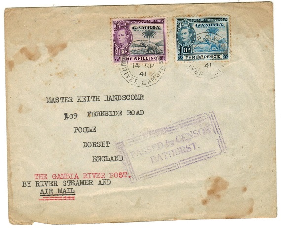 GAMBIA - 1941 1/3d rate TPO/No.2 censored cover to UK (faults).