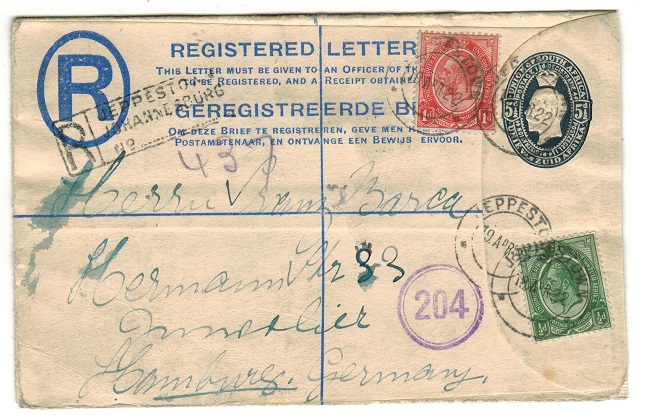 SOUTH AFRICA - 1921 5 1/2d blue on cream RPSE uprated to Germany at JEPPESTOWN.  H&G 4.